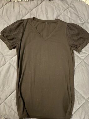 Black V-Neck Top with Sheer Dot Puff Sleeves